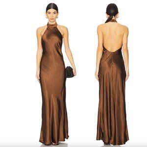 Runaway The Label Brigitte Maxi Dress in Espresso Brown Satin Halter Formal Gown